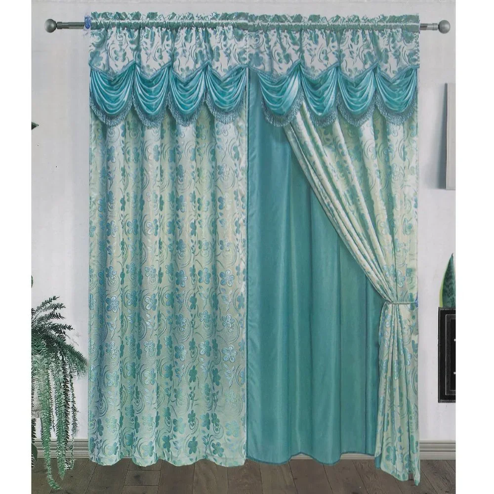 Teal Curtains Jacquard Panel with Backing Attached Waterfall Valance with Tassel